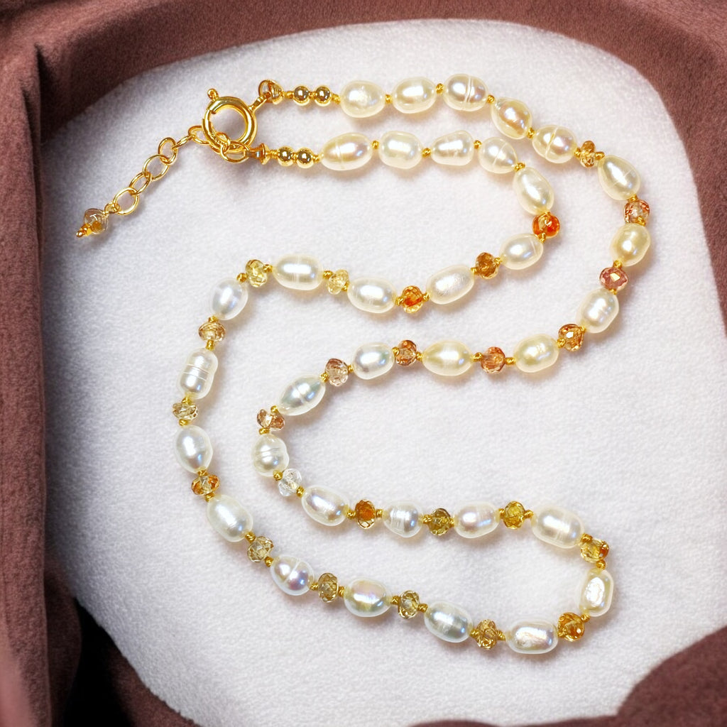 Pearl Necklace with Natural Zircon Gemstones, Silk Knotted, Gold Fill