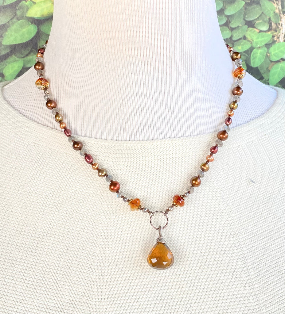 Cognac Quartz Silk Knot Pendant Necklace with Citrine, Labradorite, Pearl, Sterling Silver