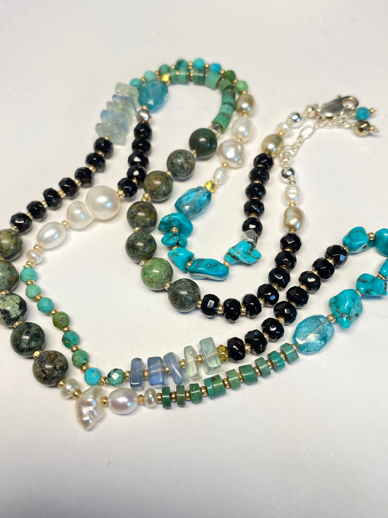 Turquoise Wrap Bracelet Necklace with Freshwater Pearl, Black Onyx, Apatite