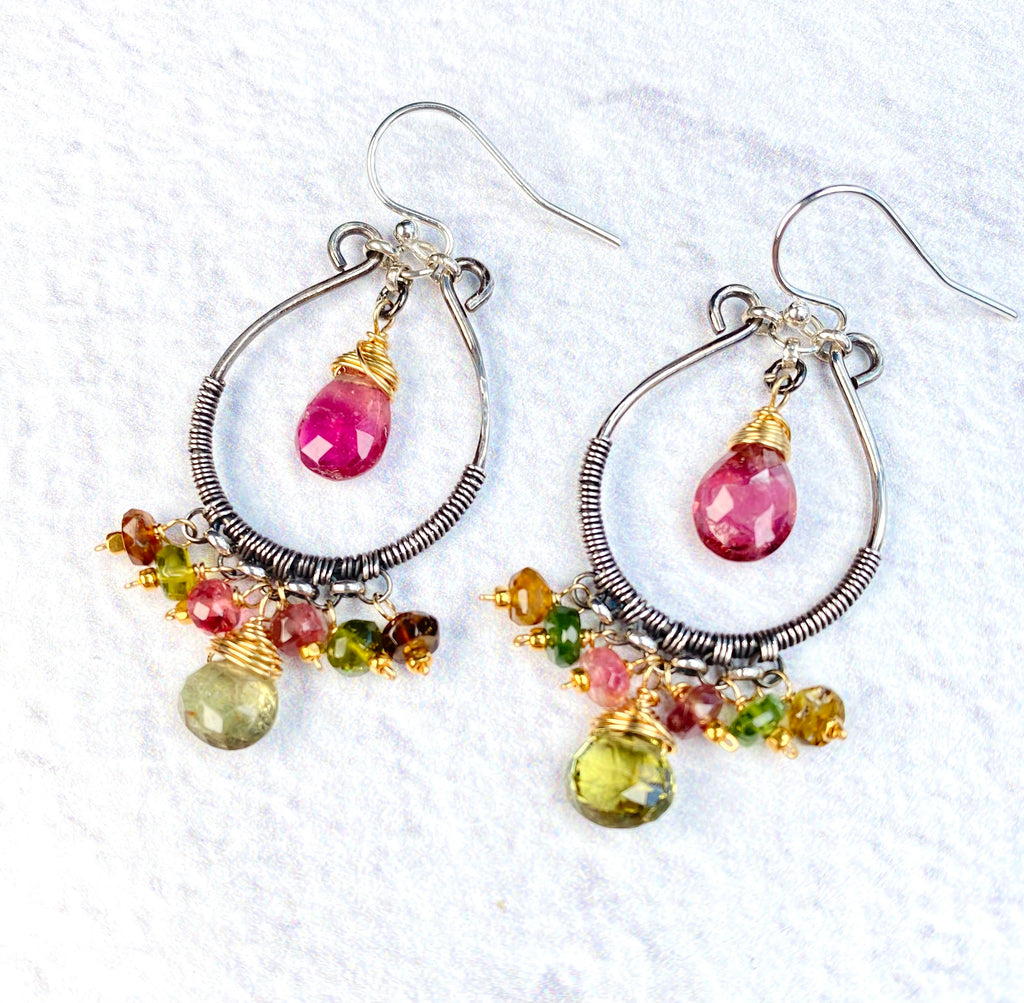 Pink and Green Tourmaline Mixed Metal Hoop Chandelier Earrings - Doolittle