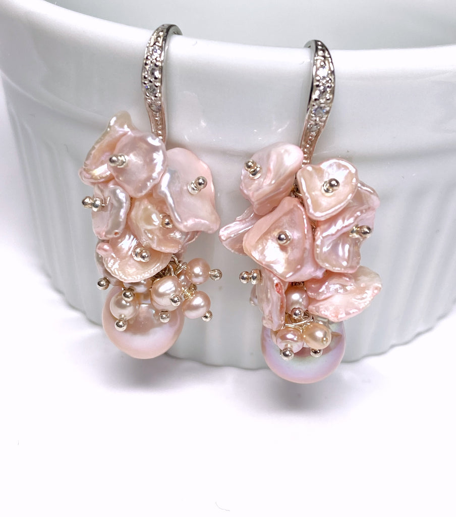 Pink Pearl Cluster Earrings, Blush Pink Keishi Pearls