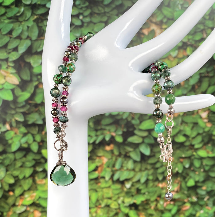 Green Quartz Pendant Necklace: Garnet, Turquoise, Pearl, Moonstone Sterling Silver
