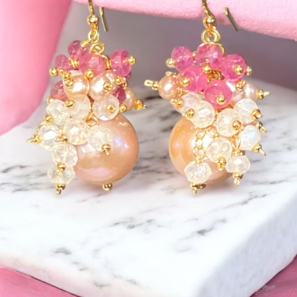 Blush Pearl Pink Sapphire Mystic Quartz Cluster Earrings