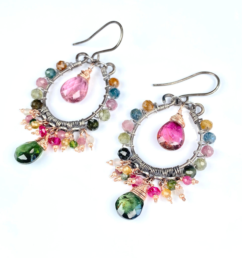 Pink and Green Tourmaline Mixed Metal Hoop Chandelier Earrings - Rose Gold, Oxidized Silver