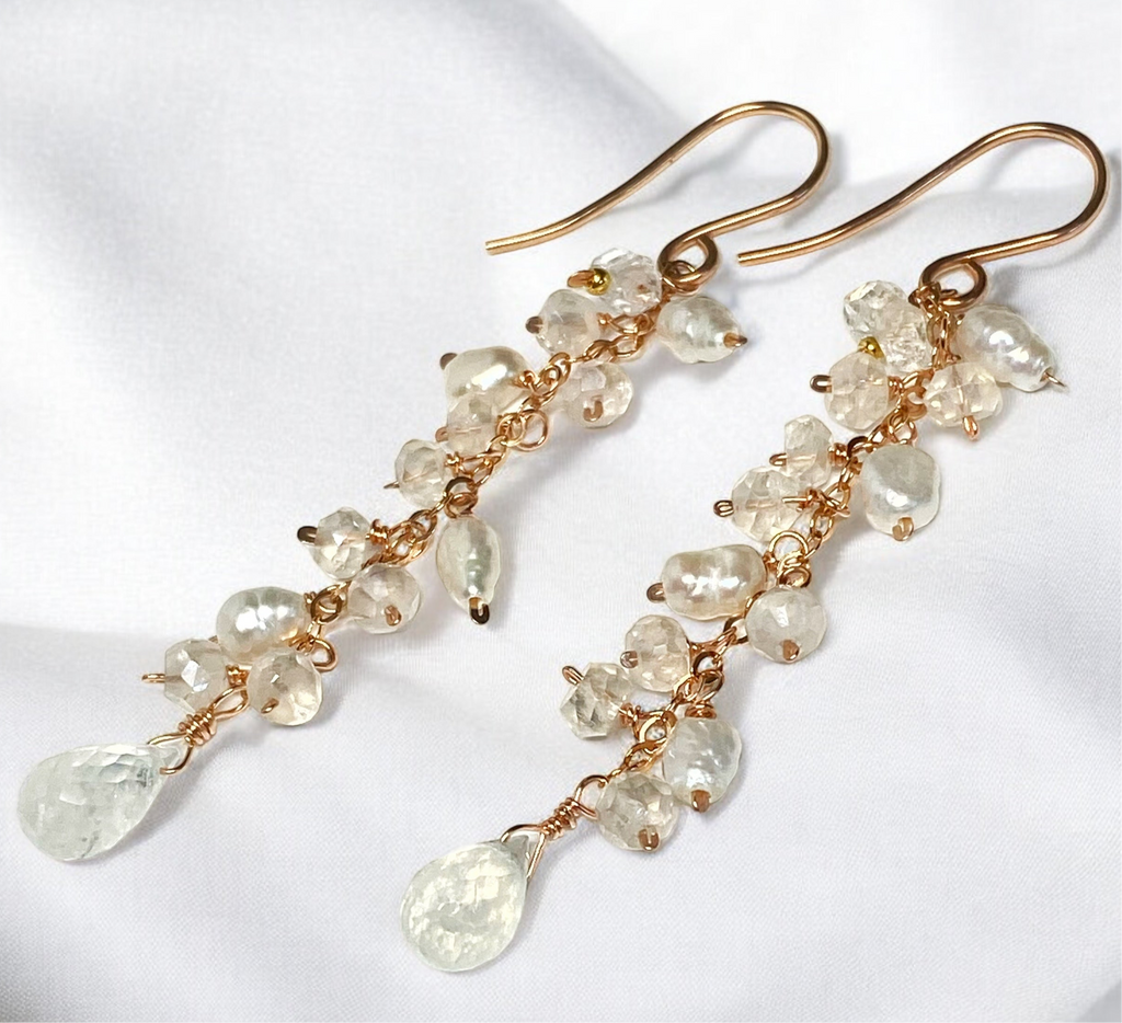 Rainbow Moonstone and Pearl Long Dangle Earrings - Rose Gold, Sterling Silver, Gold Fill