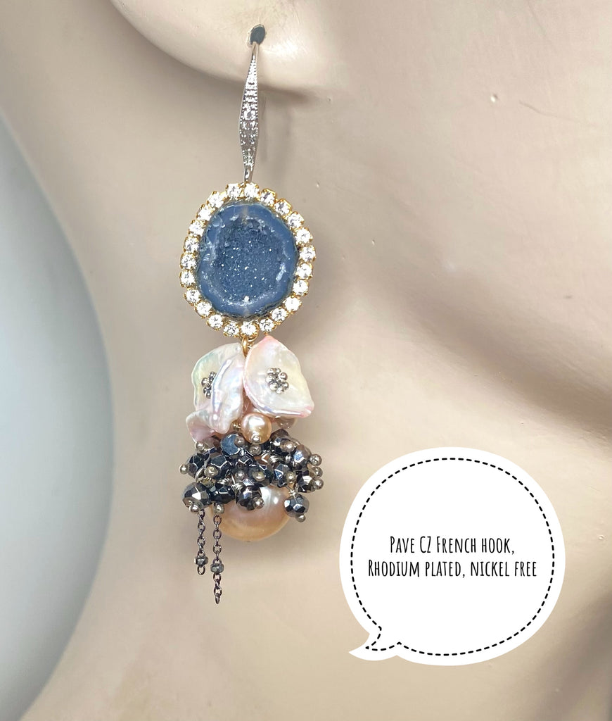 Pink Edison Pearl Cluster Earrings with Keishi and Black Geodes