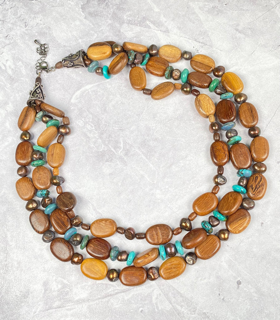 Triple Strand Chunky Beaded Necklace:  Turquoise, Pearl, Wood, Sterling Silver