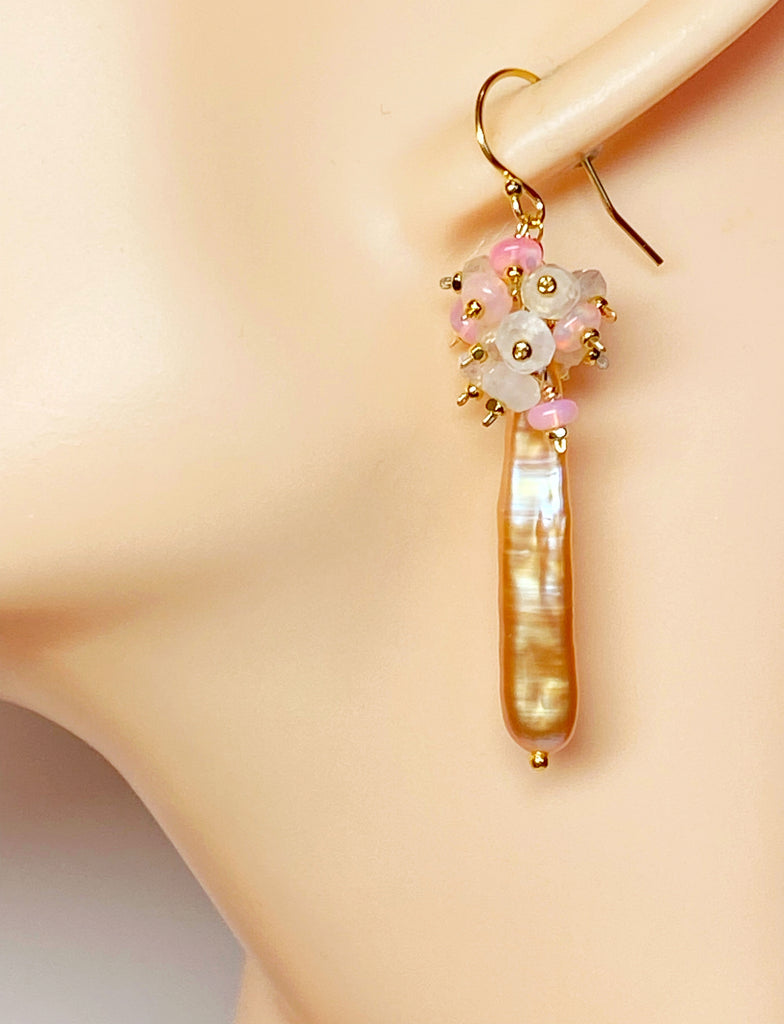 Blush Biwa Pearl Earrings Long Pink Opal Cluster Earrings Gold Fill