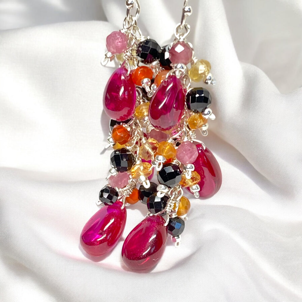 Rubellite Multi Gemstone Long Dangle Earrings Sterling Silver