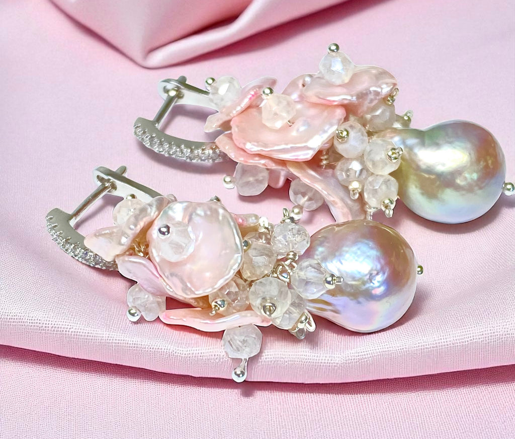 Blush Keishi Pearl Cluster Wedding Earrings Sterling Silver 2