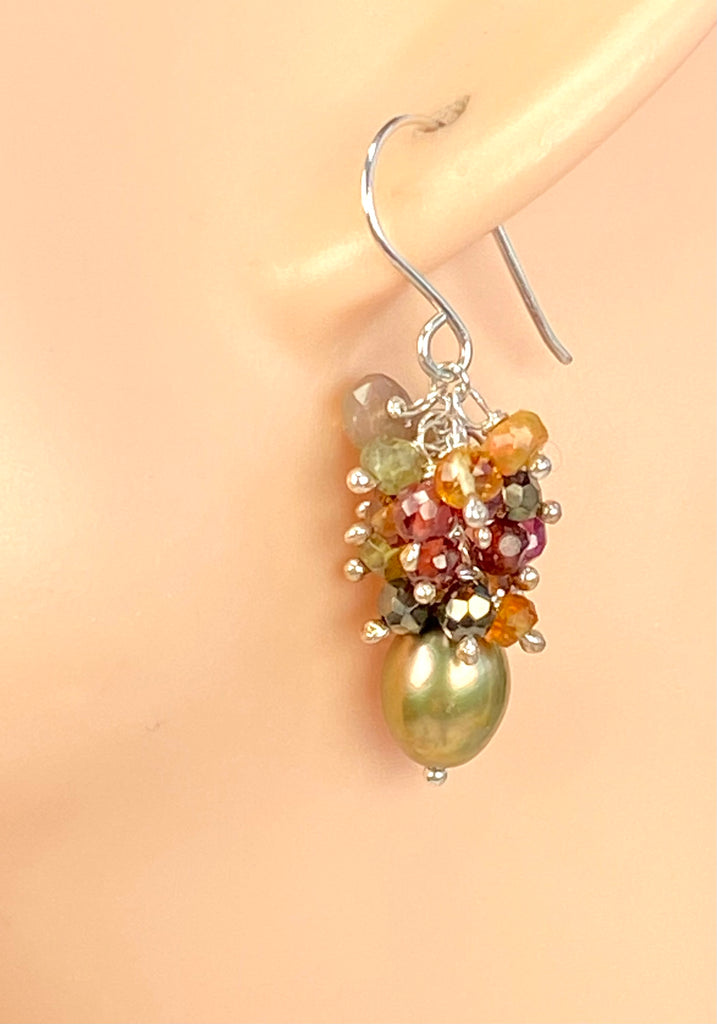 Olive Green Pearl Gemstone Cluster Earrings Sterling Silver with Opals