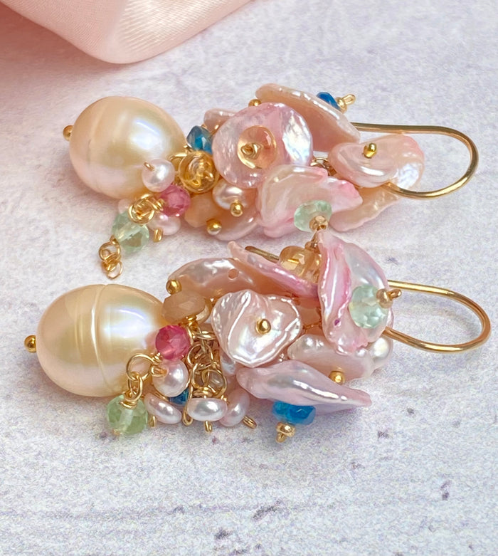 Pink Pearl Cluster Earrings with Blush Keishi Pearls