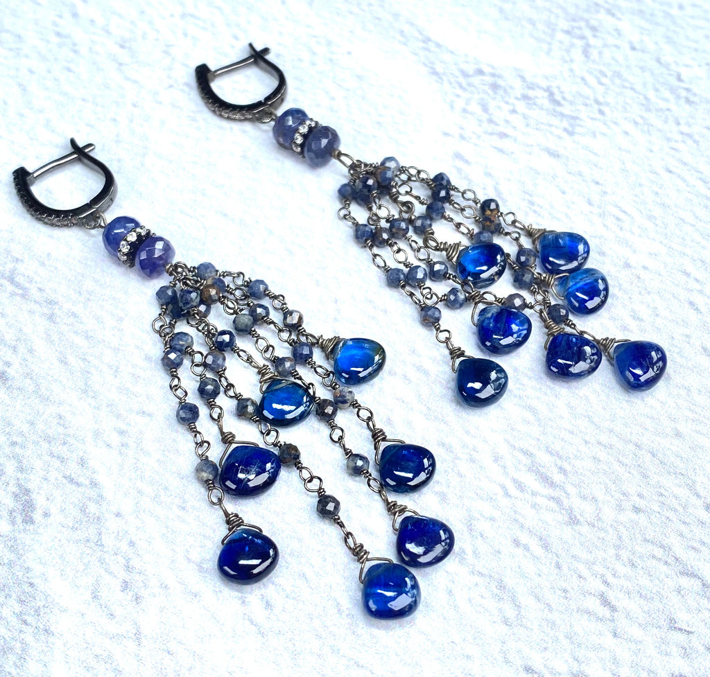 Blue Sapphire Kyanite Boho Tassel Earrings in Oxidized Sterling Silver