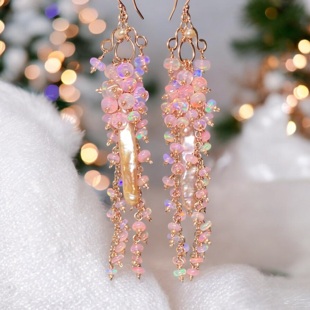 Blush Biwa Pearl Earrings Long Baby Pink Opal Clusters Rose Gold 2