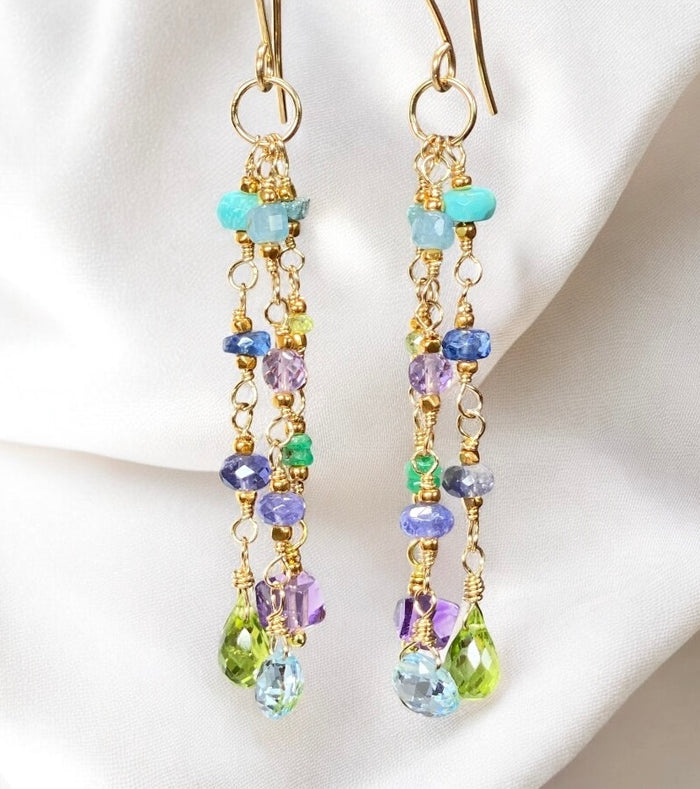 Peridot, Blue Topaz, Amethyst, Multi Gemstone Long Dangle Earrings Gold