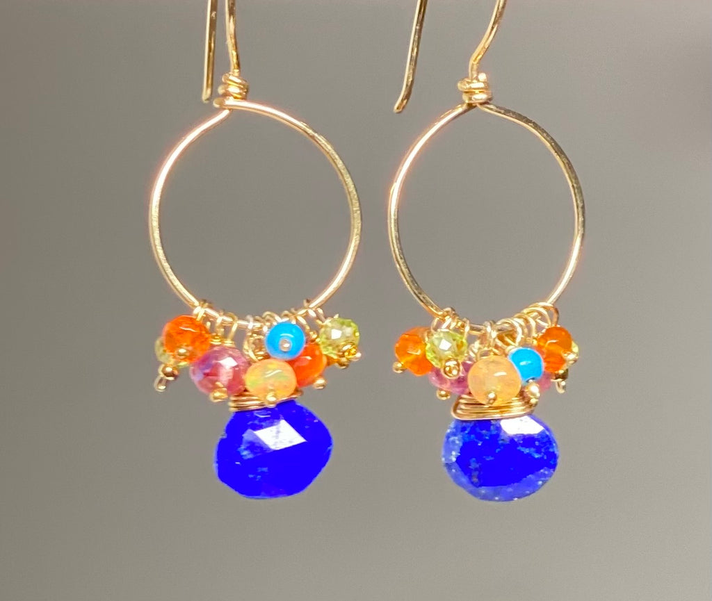 Mexican Fire Opal, Peridot, Opal and Blue Lapis Earrings Gold Fill