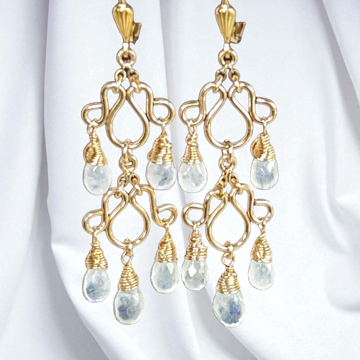 Rainbow Moonstone Gemstone Chandelier Earrings Gold Fill