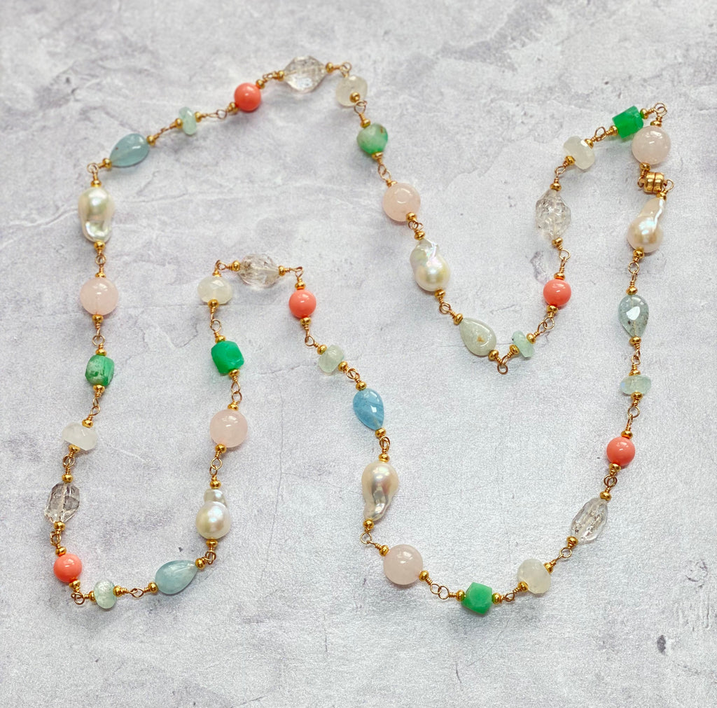 Multi Gemstone Pastel Long Necklace with Herkimer Diamond Aquamarine Gold