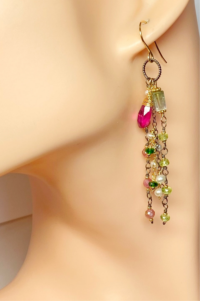 Pink Sapphire, Peridot and Tourmaline Gemstone Long Dangle Earrings