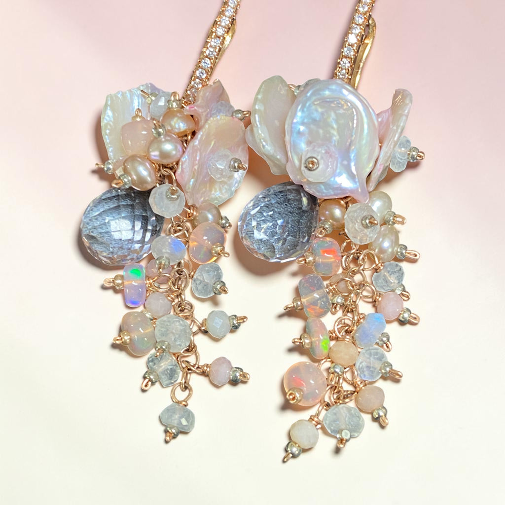 Pink Pearl and Pink Gemstone Long Dangle Earrings Rose Gold Fill - Doolittle