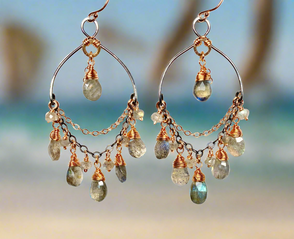 Labradorite Mixed Metal Boho Chandelier Hoop Earrings