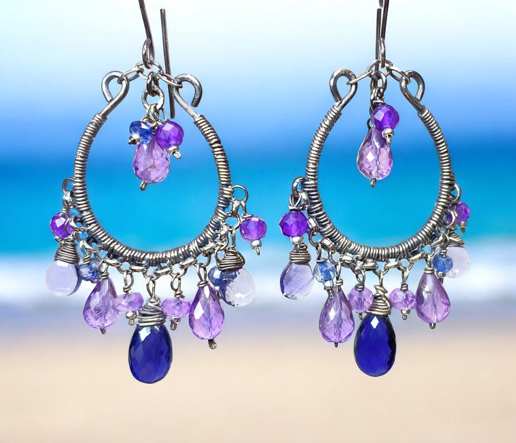 Blue Violet Oxidized Silver Hoop Chandelier Earrings Iolite, Lavender, Purple Amethyst