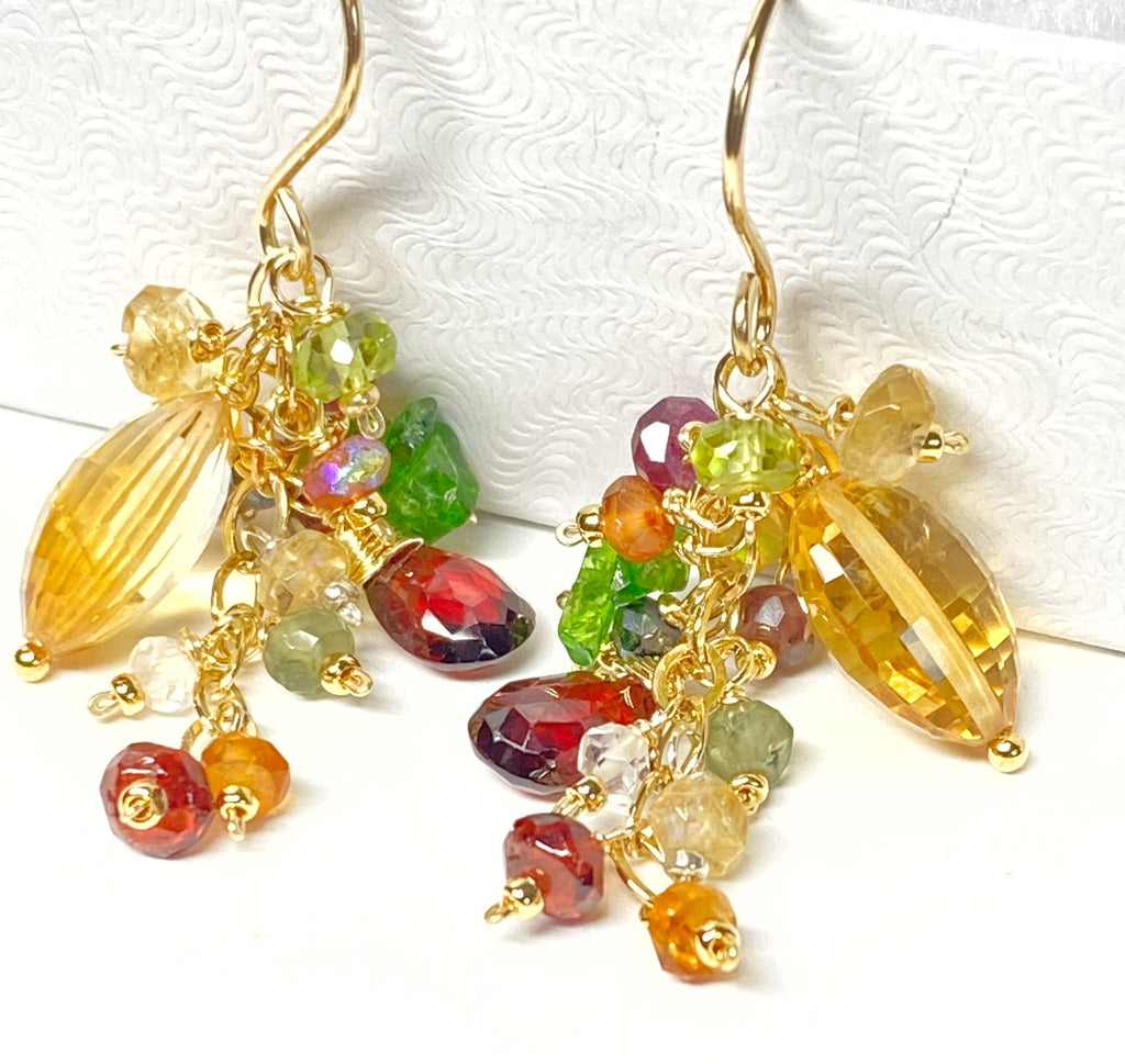 Citrine Dangle Earrings with Multi Gemstone Cluster, Garnet, Opal, Chrome Diopside