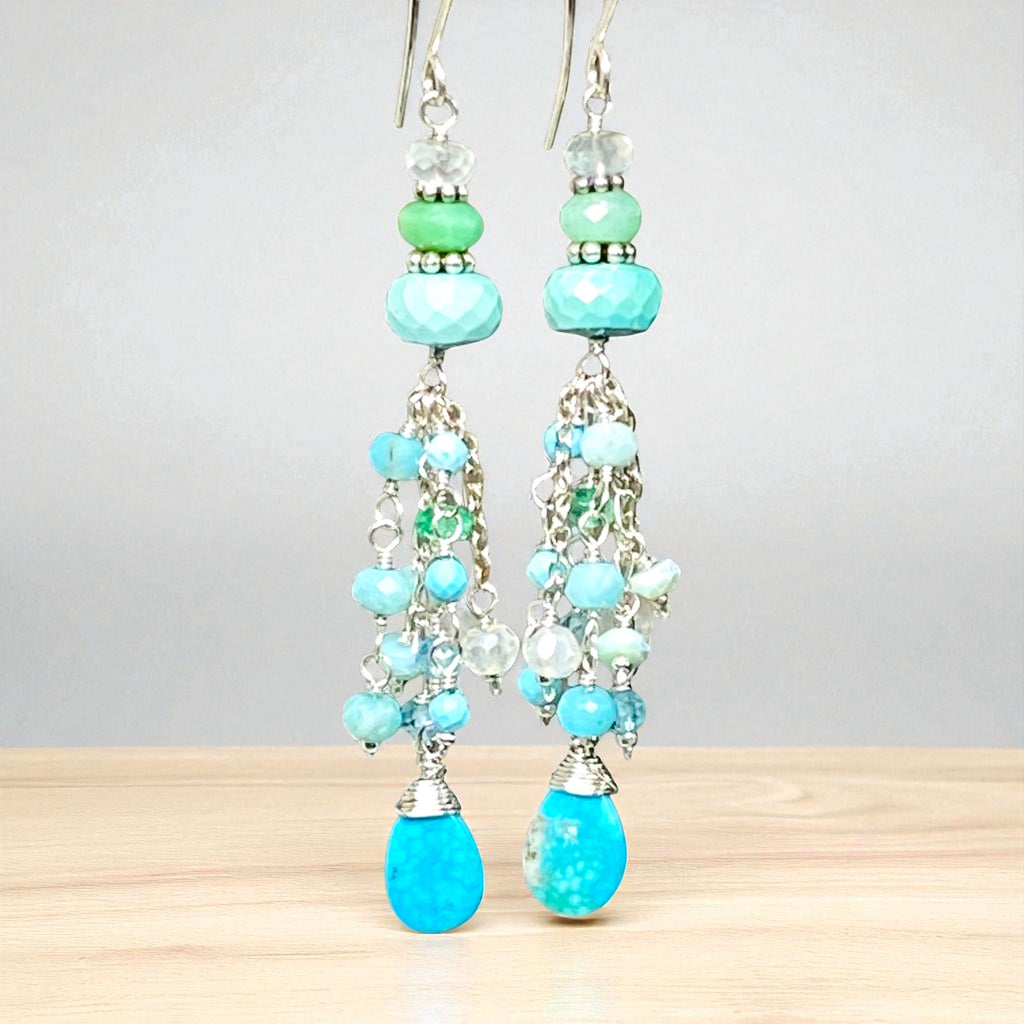 Multi Gemstone Gem Dangle Earrings, Tassel Style, Turquoise, Chrysoprase, Sterling Silver