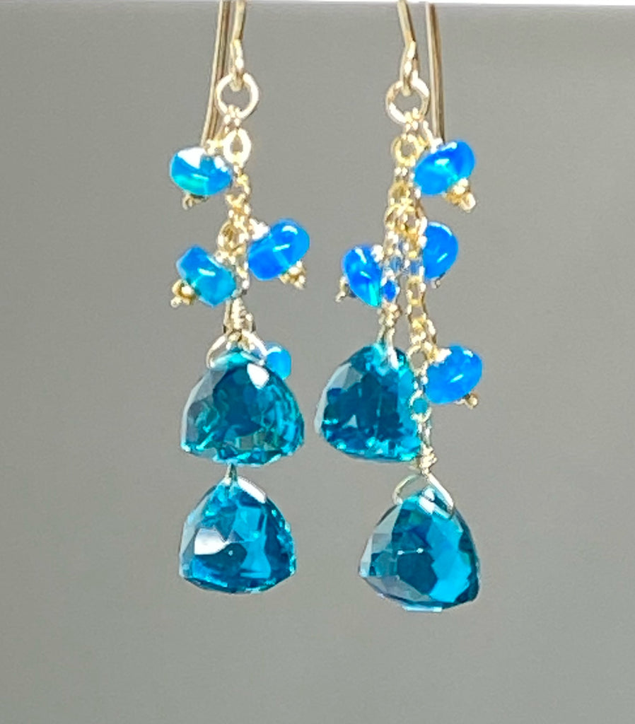 Teal Quartz and Opal Dangle Earrings Gold Fill