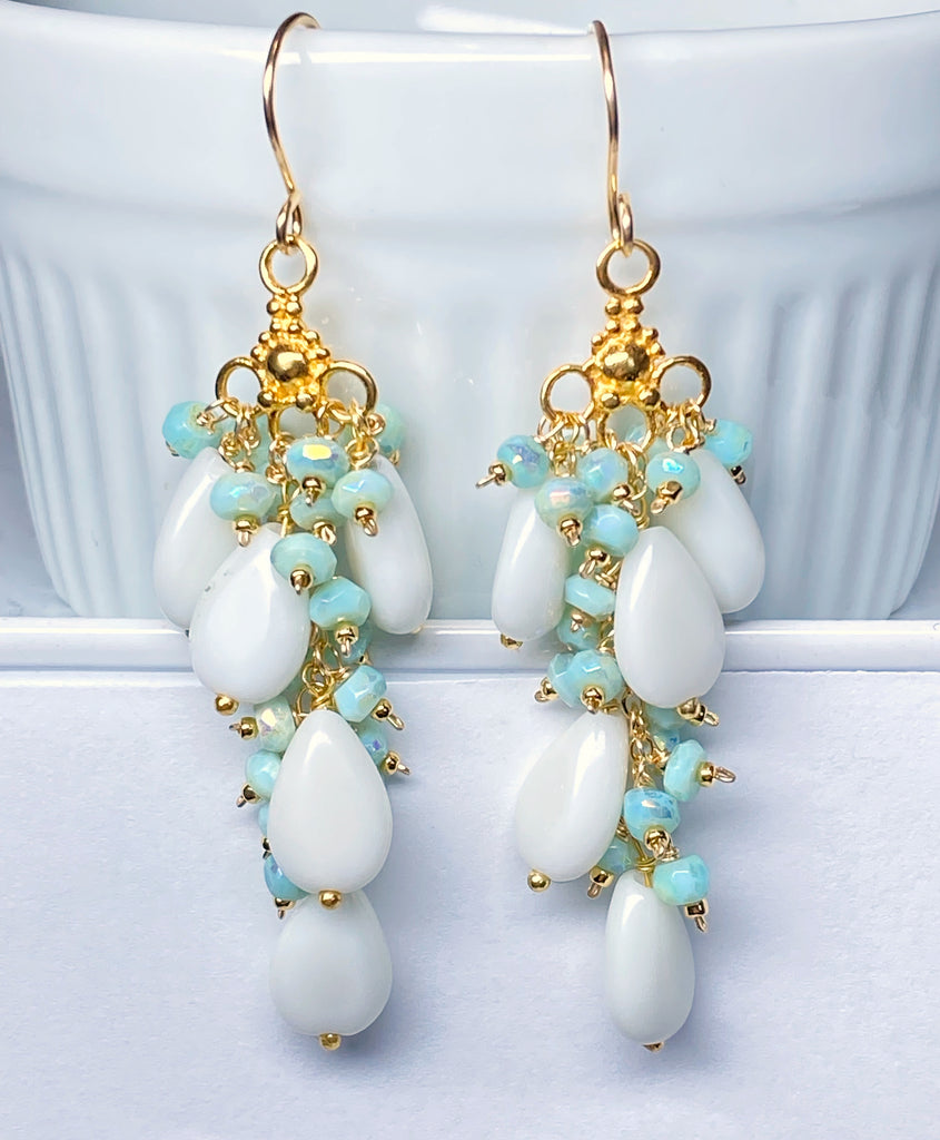 White and Aqua Mystic Peruvian Opal Long Gem Dangle Chandelier Earrings