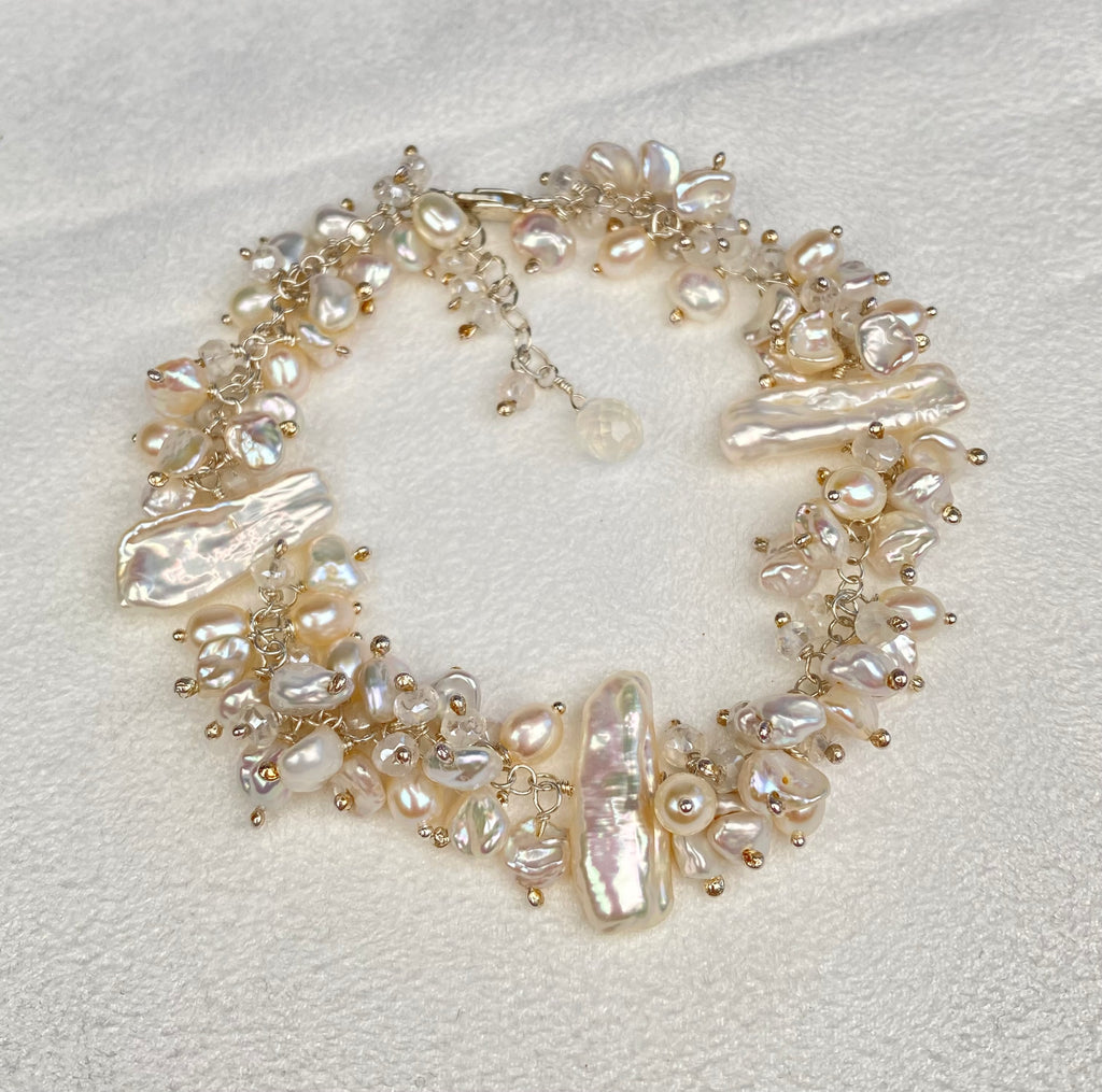 Keishi Pearl Bridal Bracelet Sterling Silver Mystic Crystal Pearl Cluster - Doolittle