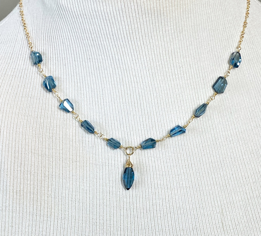 London Blue Topaz Pendant Wire Wrap Necklace Rosary Style Gold Fill