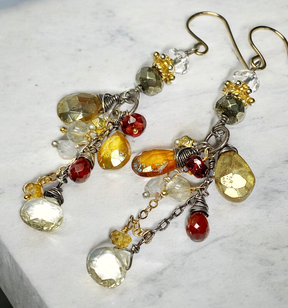 Pyrite Garnet Mixed Metal Long Dangle Earrings