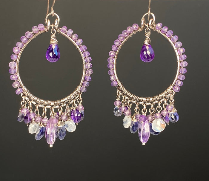 Lavender Amethyst and Blue Gemstone Chandelier Hoop Earrings in Oxidized Silver