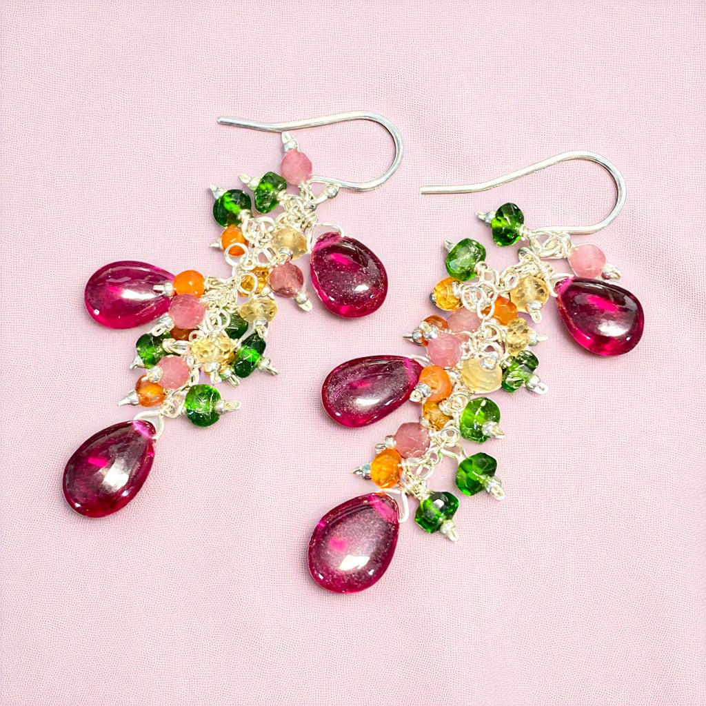 Rubellite Multi Gemstone Long Dangle Earrings Sterling Silver