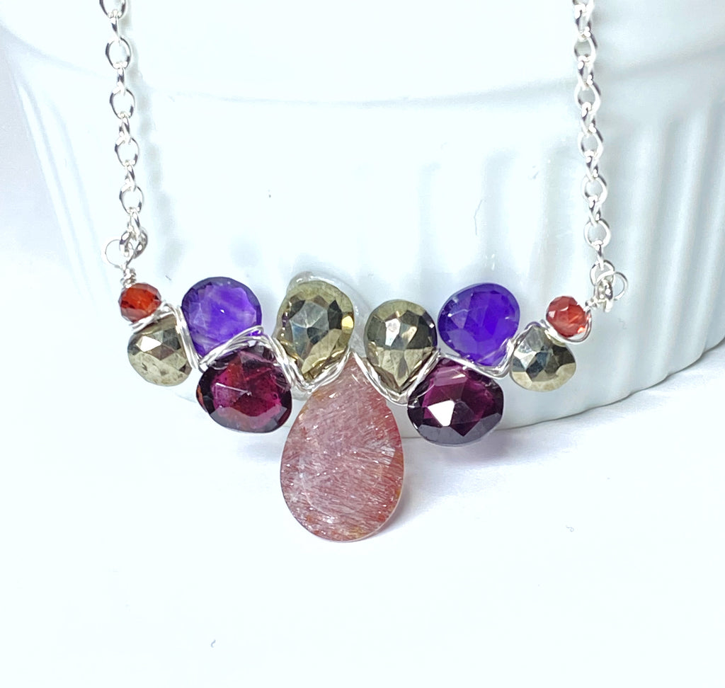 Lepidocrosite Pendant Sterling Silver, Garnet, Amethyst