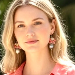  (Blonde model closeup headshot): Gray pearl coral opal cluster earrings on blonde model closeup showing detail - sterling silver
