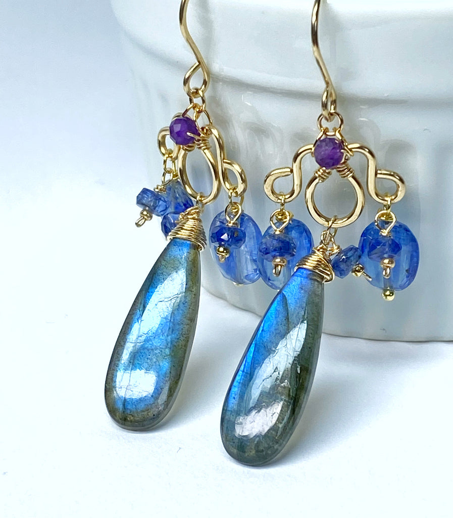 Blue Labradorite Statement Chandelier Earrings in Gold Fill with Kyanite