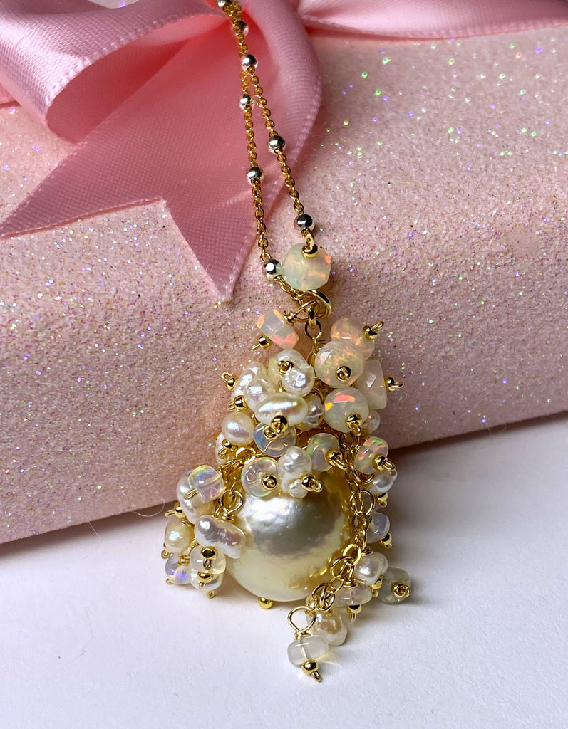 Golden Edison Baroque Pearl Opal Cluster Pendant in Gold Fill