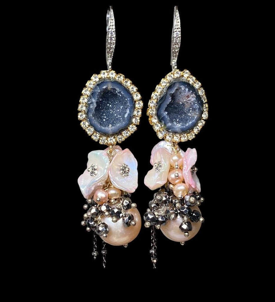 Pink Edison Pearl Cluster Earrings with Keishi and Black Geodes