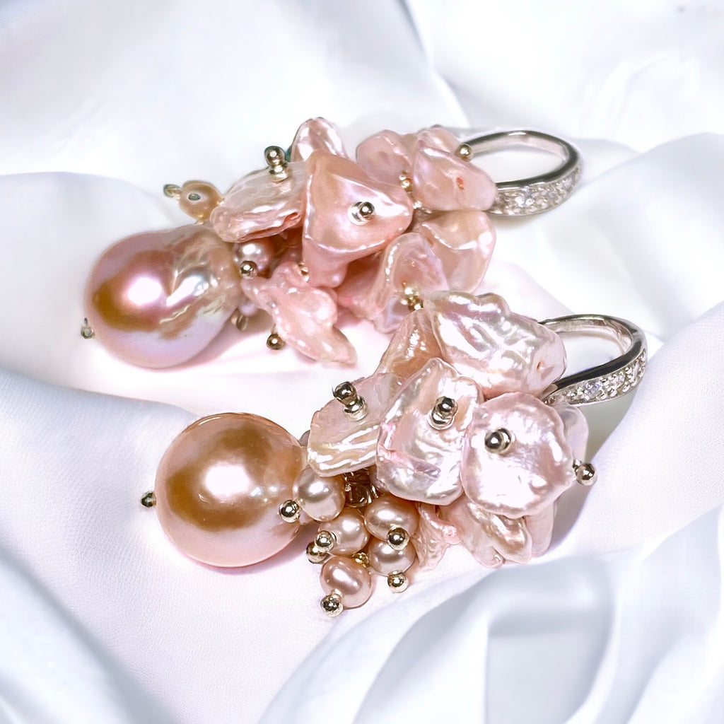 Pink Pearl Cluster Earrings, Blush Pink Keishi Pearls