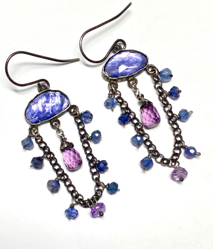 Iolite and Amethyst Chandelier Earrings Oxidized Silver — Violet Quartz Pink Amethyst - Doolittle