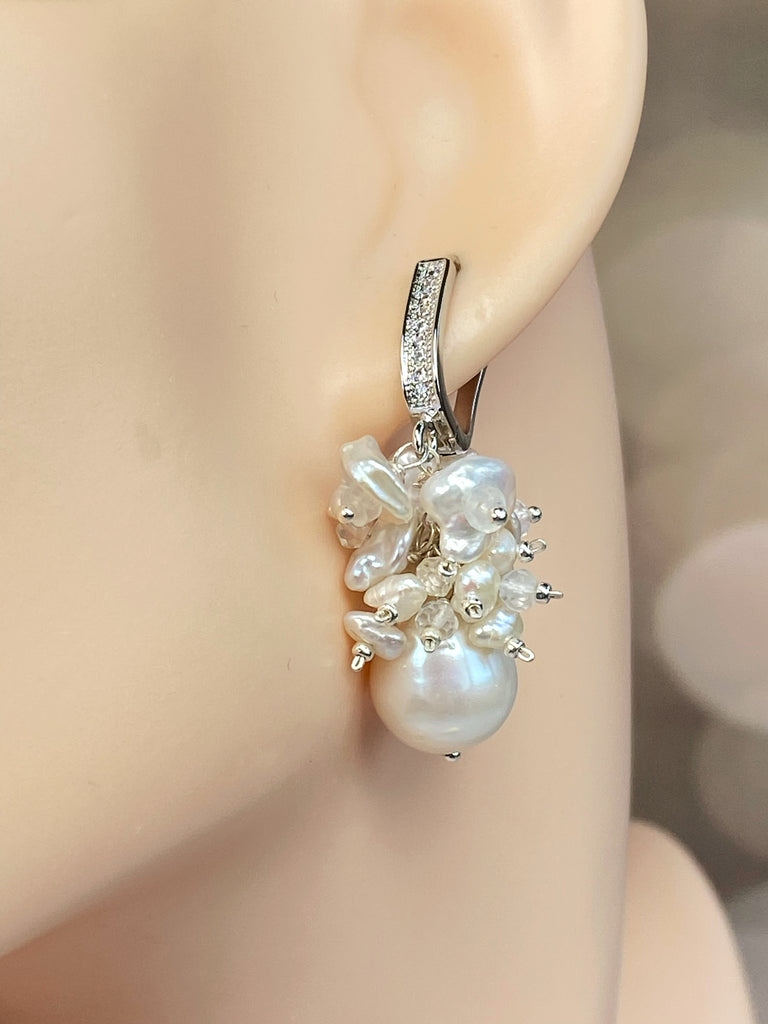 Baroque Pearl Bridal Cluster Earrings Sterling Silver - Doolittle