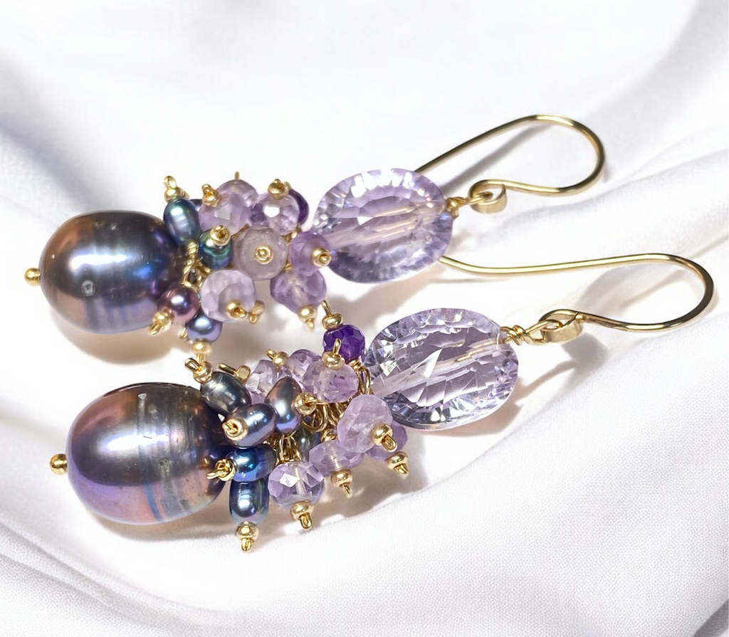 Amethyst Cluster Peacock Baroque Pearl Earrings Gold