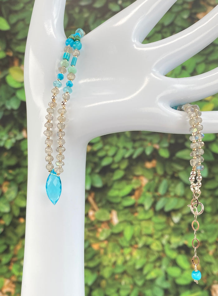 Aqua Turquoise Quartz Silk Knot Pendant Necklace:  Labradorite, Turquoise, Amazonite, Sterling Silver