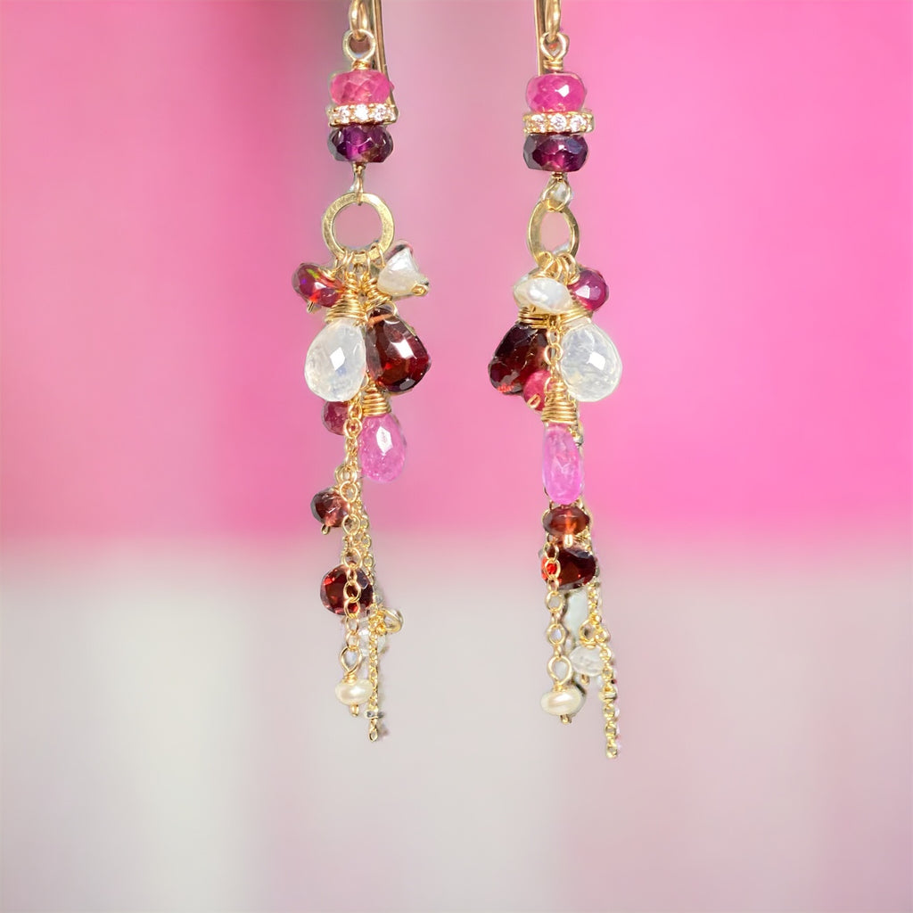 Red Gemstone Long Boho Chain Dangle Earrings Garnet Pink Sapphire