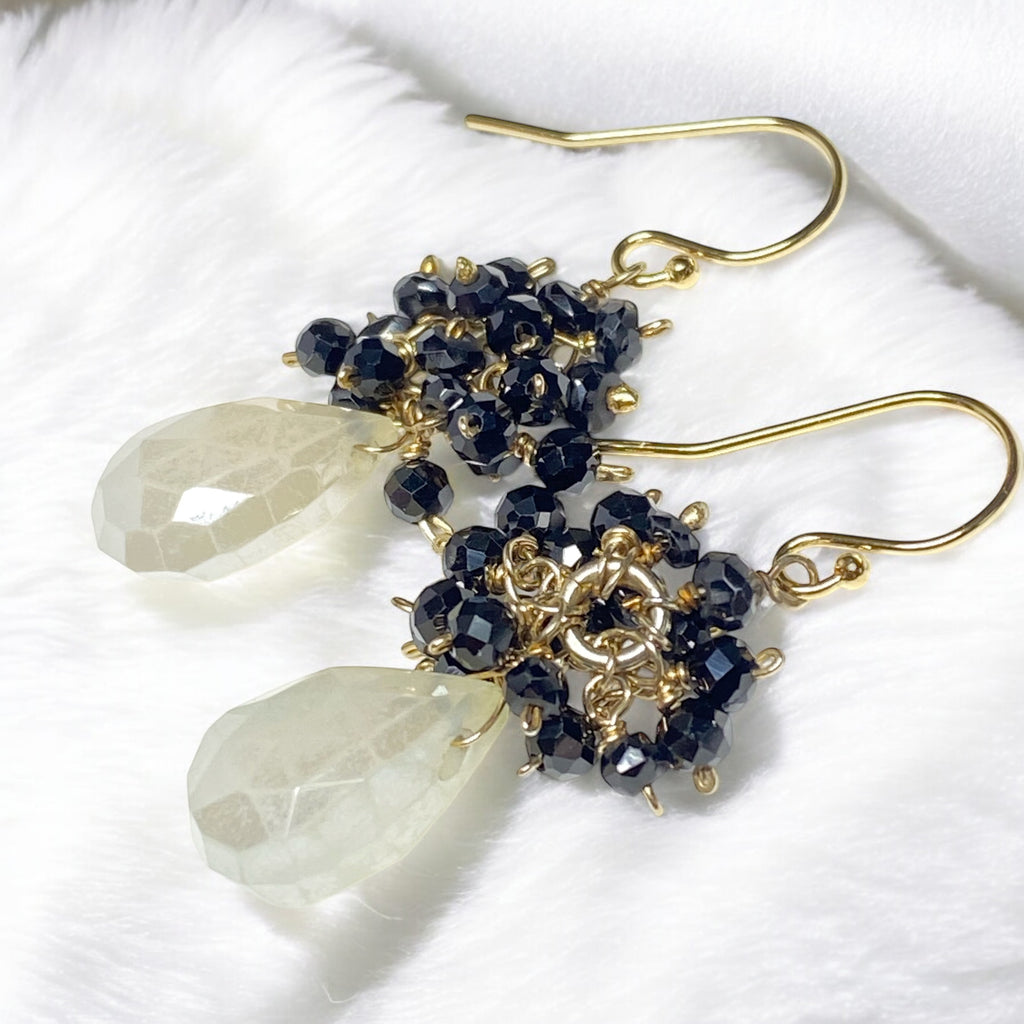 Mystic Ivory Chalcedony, Black Spinel Cluster Earrings Gold Fill