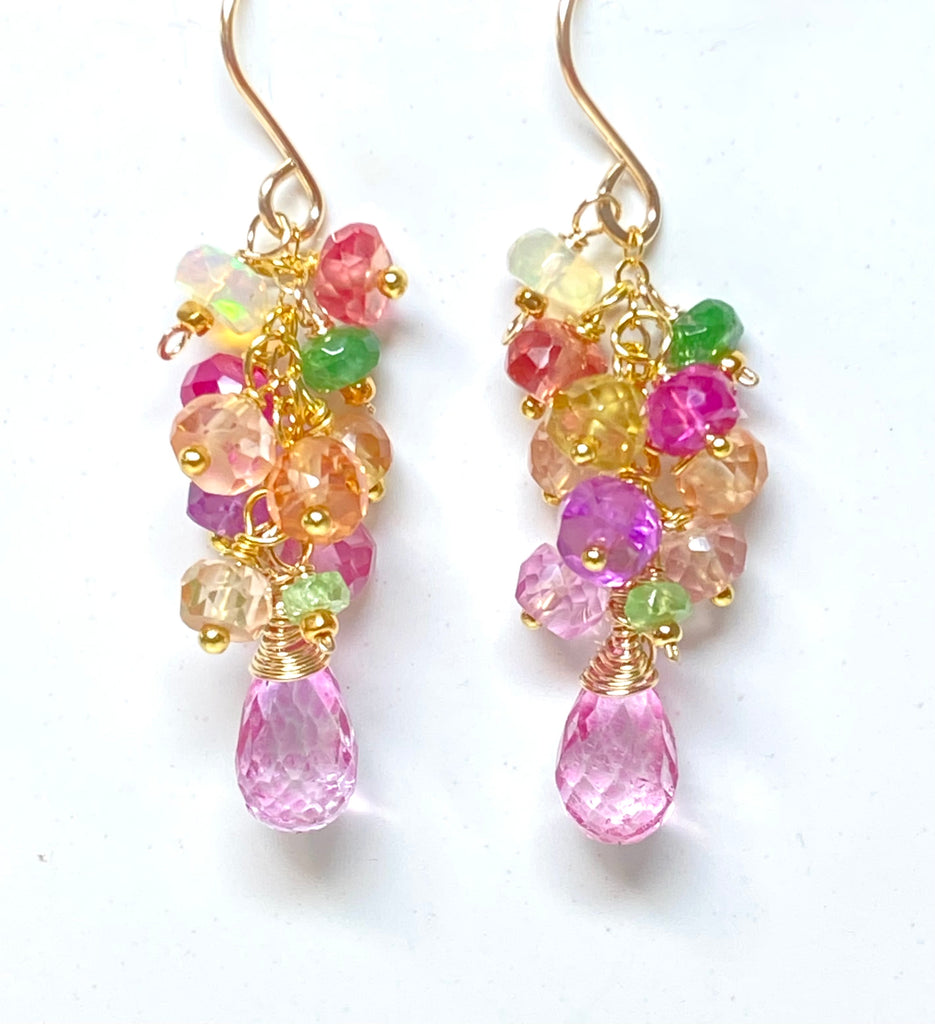Padparadscha Sapphire Dangle Earrings, Pink Mystic Topaz, Gold Fill - Doolittle