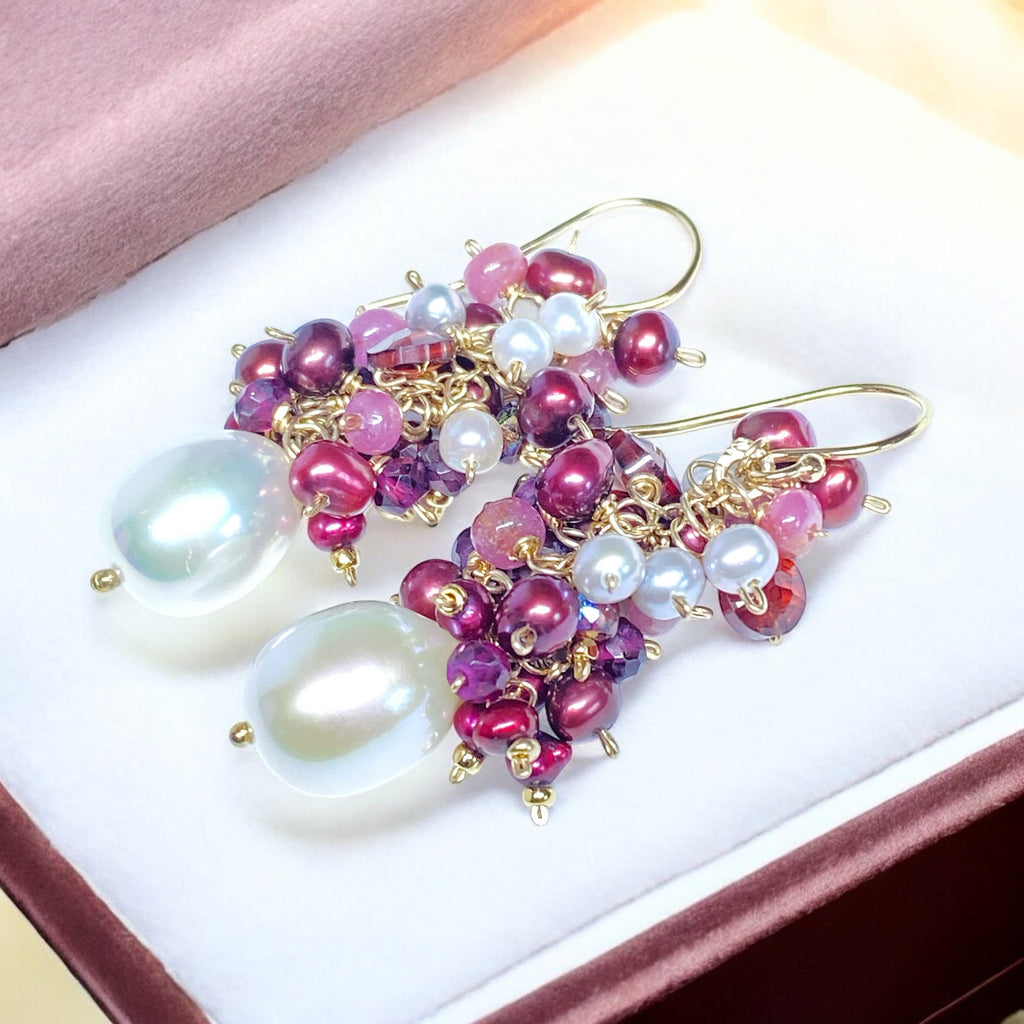 Pearl Earrings with Clusters of Garnet, Pink Sapphire and Red Pearls