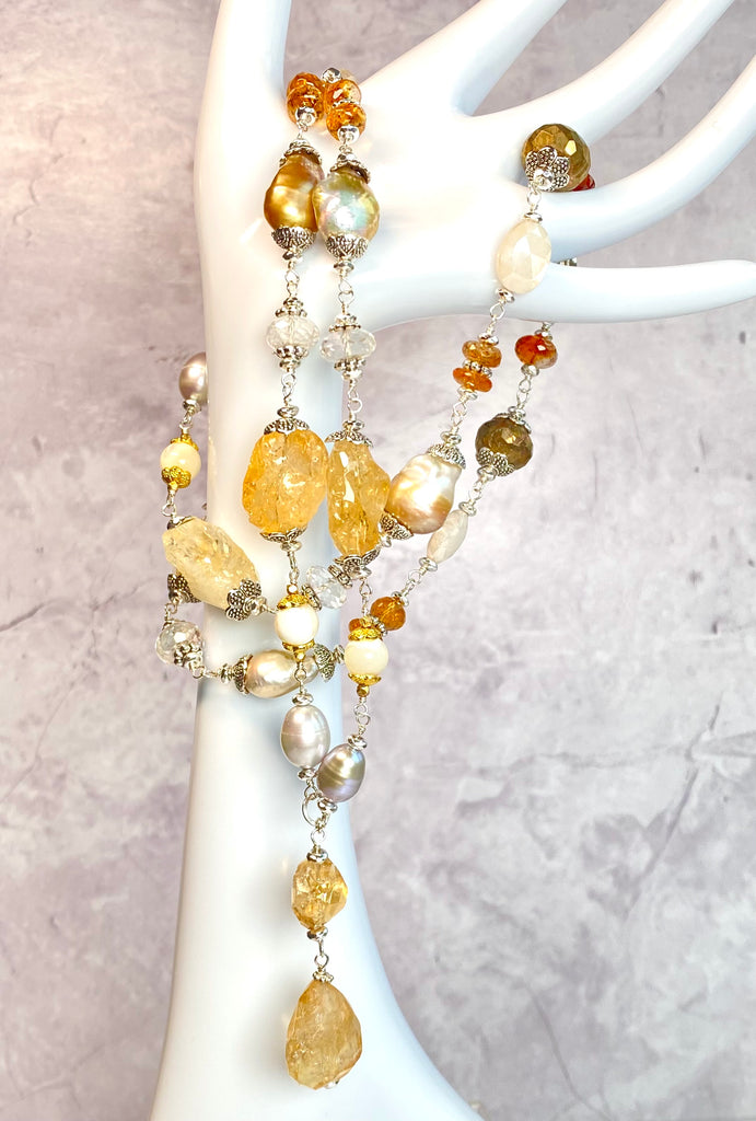 Citrine and Gold White Baroque Pearl Long Sautoir Necklace Sterling Silver — Pyrite Moonstone Crystal Quartz
